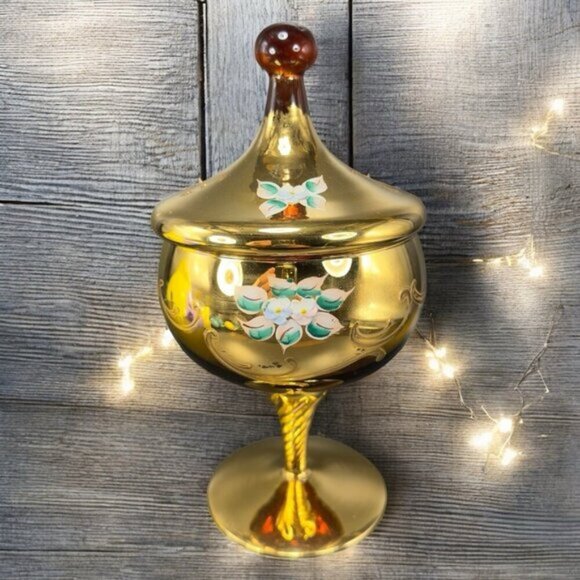 Venetian Glass Candy Dish Container Jar Apothecary Jar Painted Italian Glass VTG - Picture 1 of 16